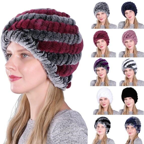 D-GROEE Women's Fur Hat Faux Rabbit Fur Hat Knitted Beanie Hat Furry Winter Hat Warm Soft Snow Plush Hat for Women Winter