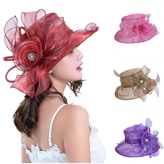 D-GROEE Women’s Mesh Tea Party Wedding Fascinator Hat UV-Anti Wide Brim Sun Hats Sunscreen Flower Decor Beach Hat