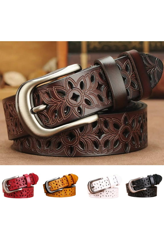Women's Retro Belt, Hollow Flower Leather Belt for Jeans Pants Wide Belt with Metal Buckle