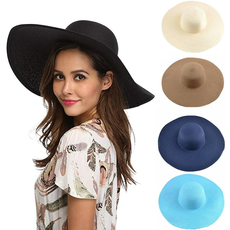 D-GROEE Womens Hawaiian Solid Color Big Straw Hat Large Floppy Foldable  Roll up Beach Cap Sun Hat