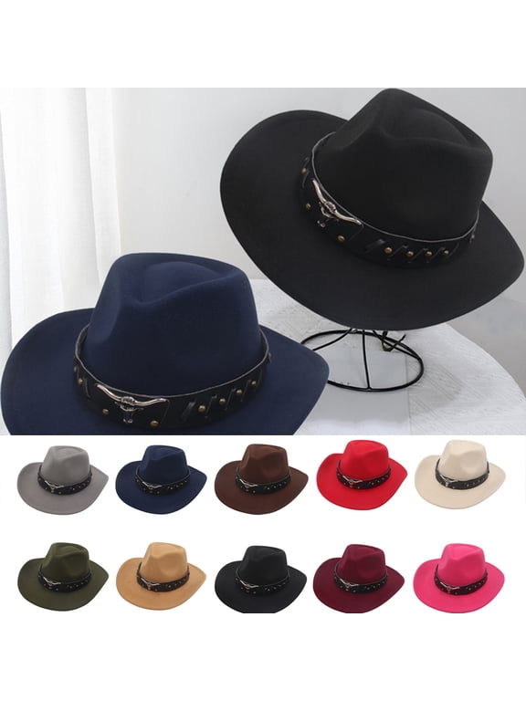 Womens Mens Cotton Western Cowboy Hat Felt Hat Outdoor Cow-head Decor Wide Brim Hat with Strap