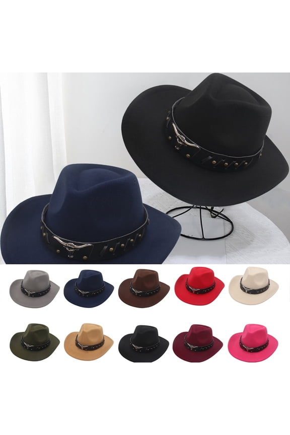 Womens Mens Cotton Western Cowboy Hat Felt Hat Outdoor Cow-head Decor Wide Brim Hat with Strap