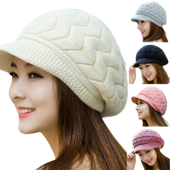 D-GROEE Womens Winter Beret Hat Warm Knitted Plush Lining Slouchy Cotton Hats Cap with Visor
