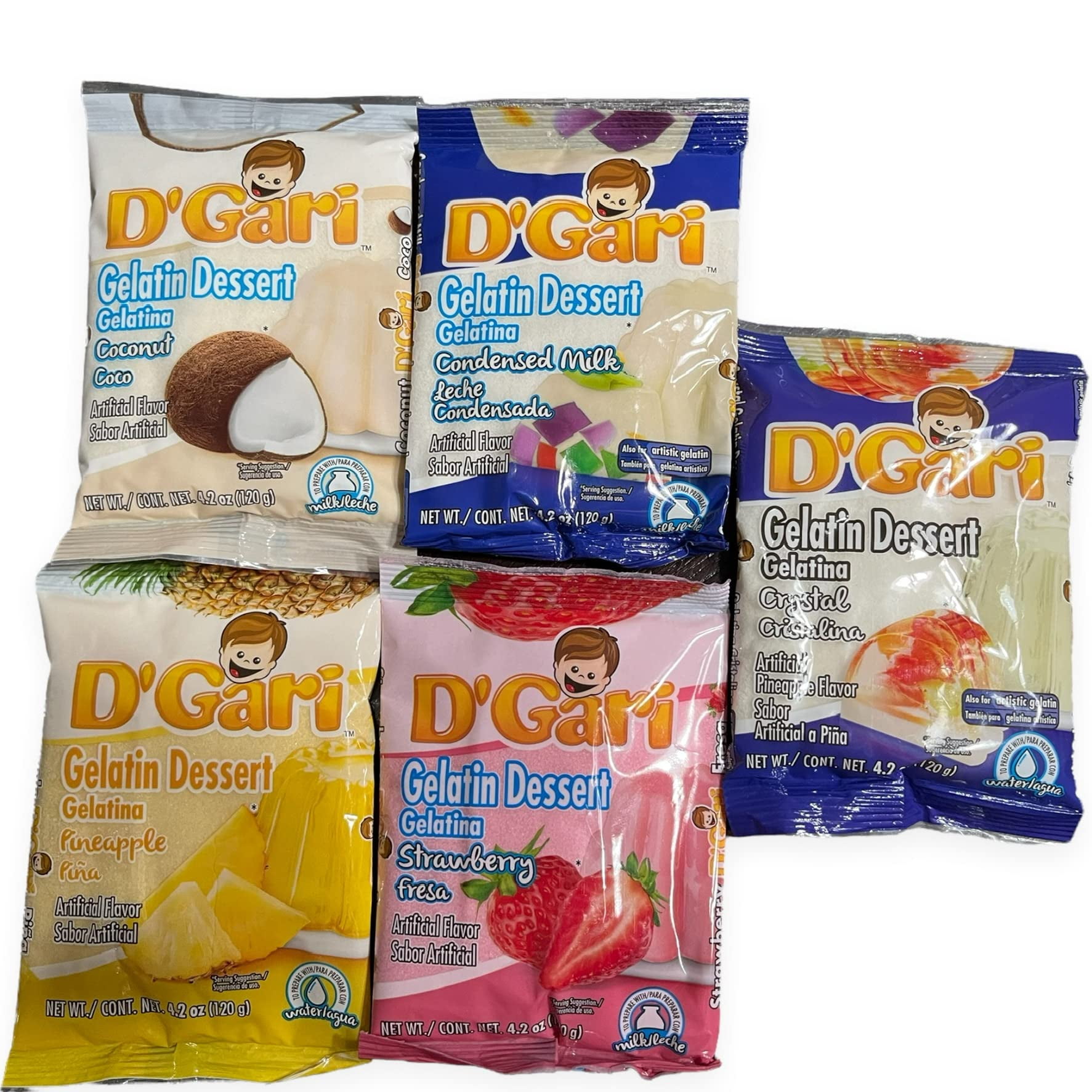 D,Gari Gelatin, Pack Of 5 Assorted Flavors, 4.2Oz Each 1Condensed Milk, 1Crystal, 1Coconut