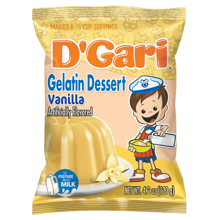 D'Gari Vanilla Gelatin Dessert Mix 4.2 oz - Allergen-Free Clear Container