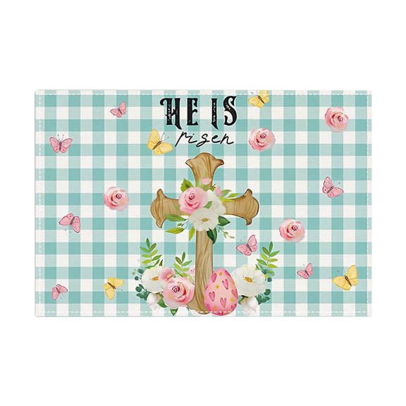 D Green Checkered Easter Placemat With Cross Egg Pattern Linen Fabric Heat Insulated For Dining Table Spring