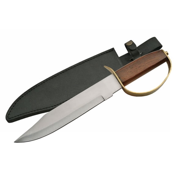 SZCO 15" D-Guard Bowie Knife, Full Tang Carbon Steel Blade with Printing, Exotic Wood Handle and Leather Sheath for Outdoor Survival and Collectibles