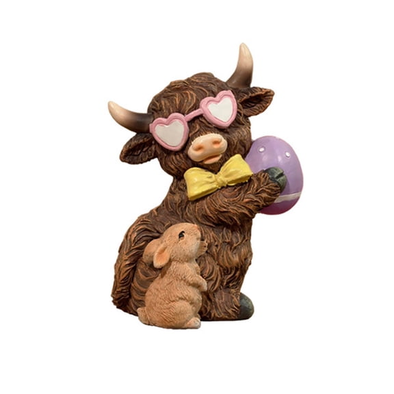 D Highland Cow Resin Figurine Sitting With Bunny Rabbit Rustic Farmhouse Animal Statue For Home Entryway Shelf Tabletop Outdoor Garden Decor 5 Inch
