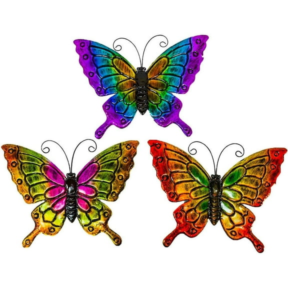 D.I.D. Butterfly Nature Inspired Colorful Metal Iron Garden Decor Wall Yard Art Sculptures for Indoor Outdoor Set of 3 16" x 12"