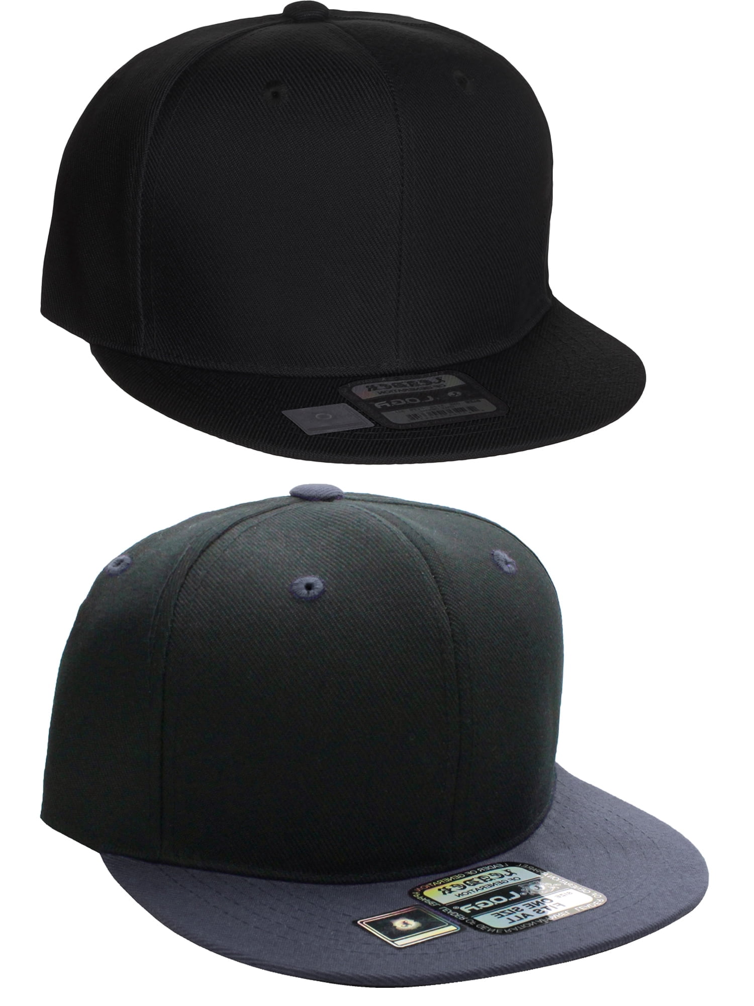 D&I Plain Flat Bill Visor Blank Snapback Hat Cap with Adjustable Snaps - 2 Pk - Bk, Bk/Ch