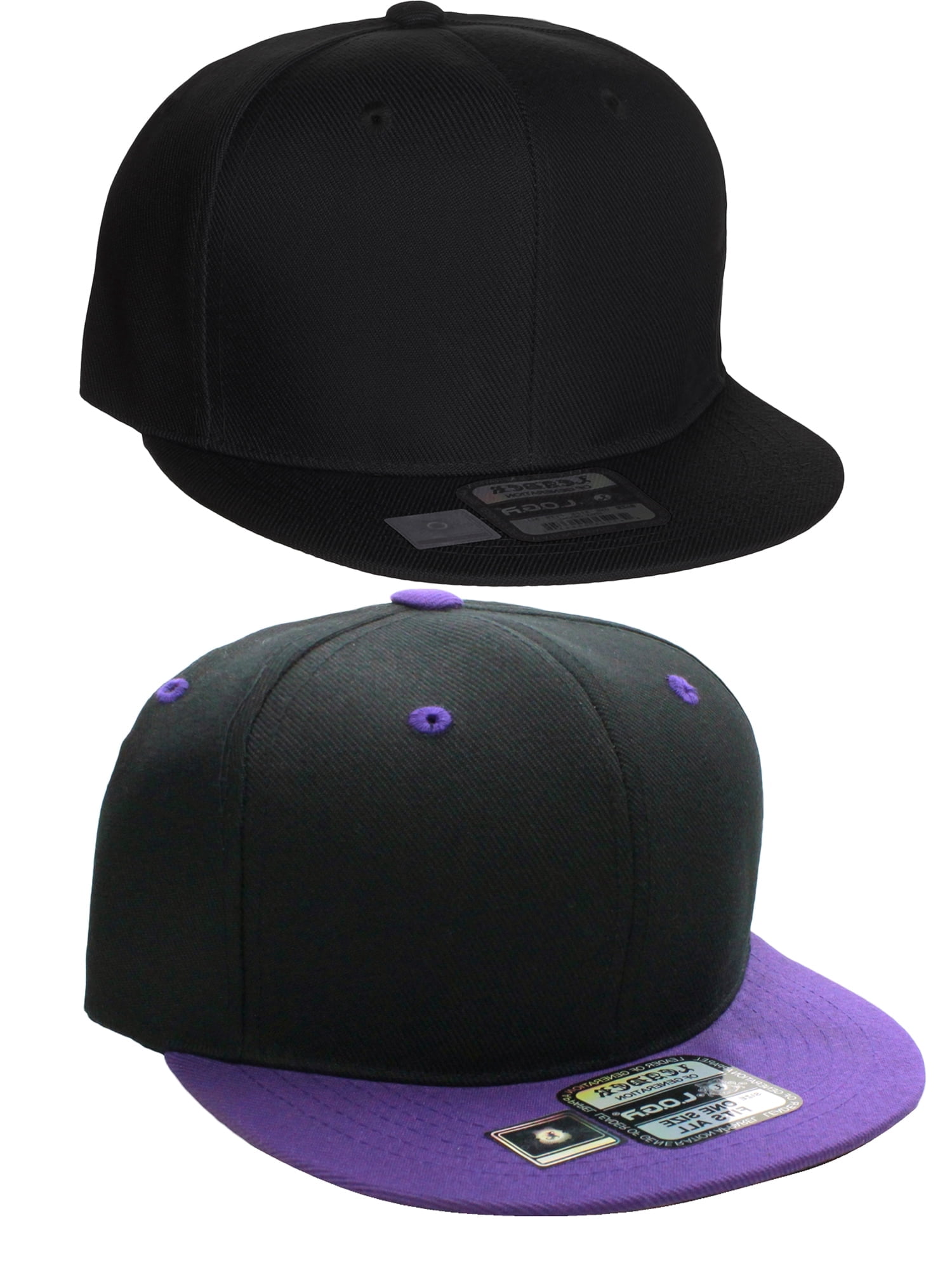 D&I Plain Flat Bill Visor Blank Snapback Hat Cap with Adjustable Snaps - 2 Pk - Bk, Bk/Pr