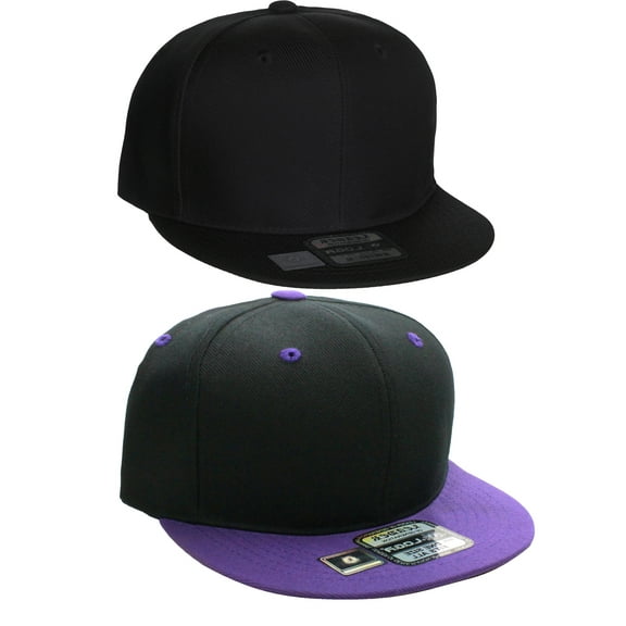 D&I Plain Flat Bill Visor Blank Snapback Hat Cap with Adjustable Snaps - 2 Pk - Bk, Bk/Pr
