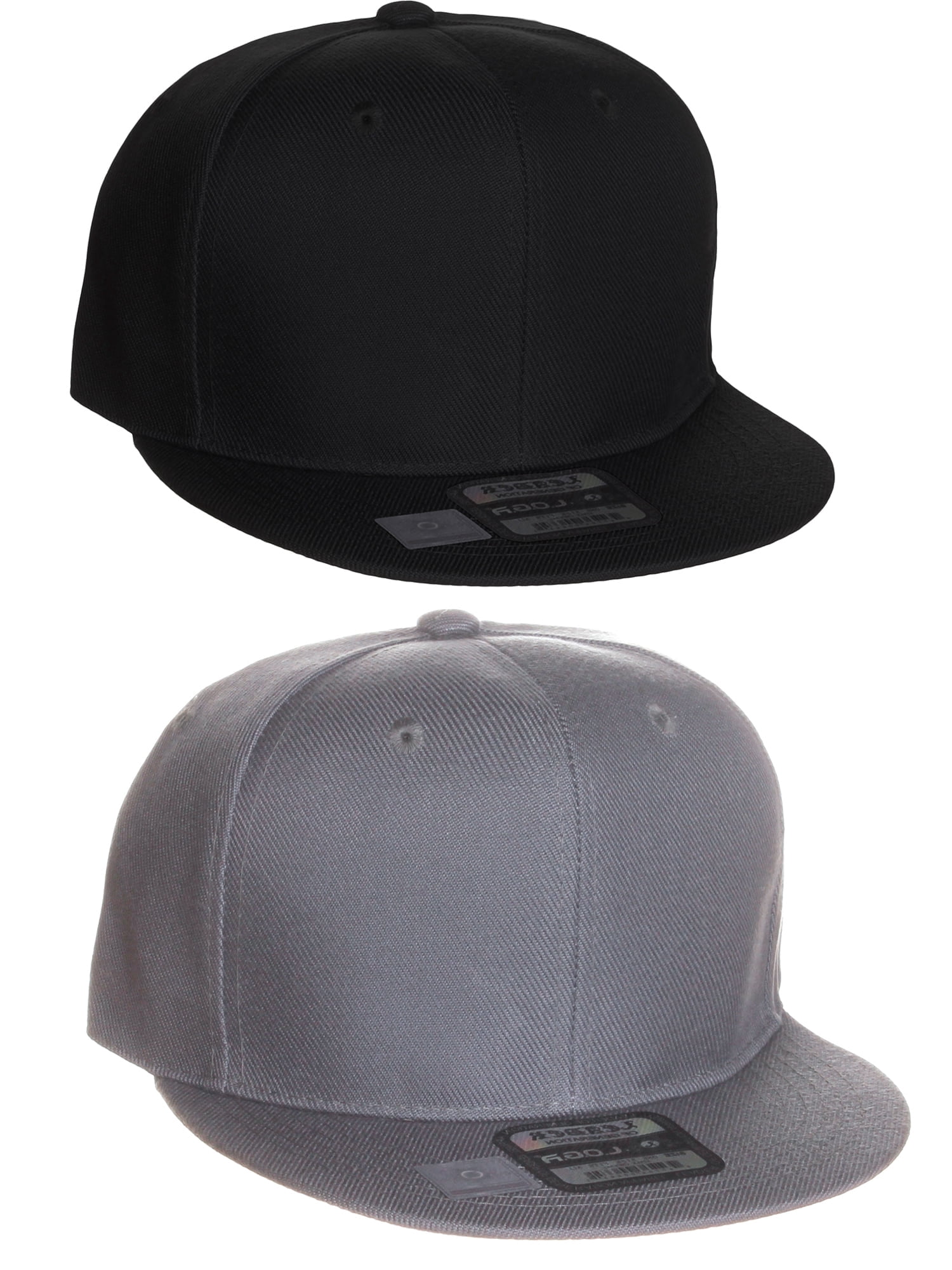 D&I Plain Flat Bill Visor Blank Snapback Hat Cap with Adjustable Snaps - 2 Pk - Bk, Light Gy