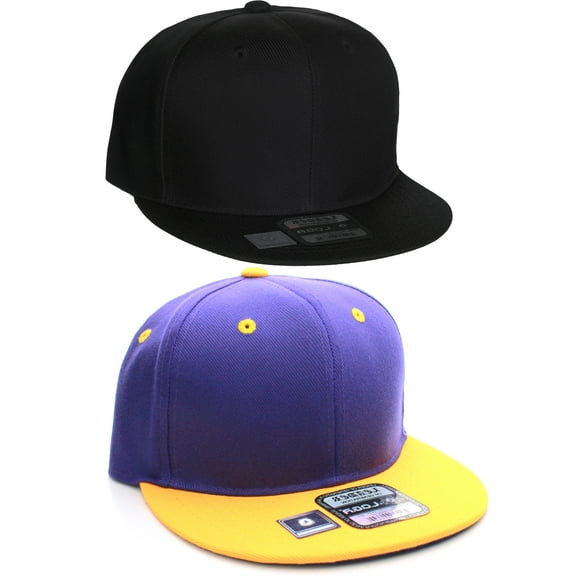 D&I Plain Flat Bill Visor Blank Snapback Hat Cap with Adjustable Snaps - 2 Pk - Bk, Pr/Yw