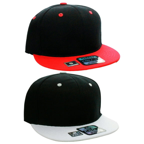 D&I Plain Flat Bill Visor Blank Snapback Hat Cap with Adjustable Snaps - 2 Pk - Bk/Wh, Bk/Red