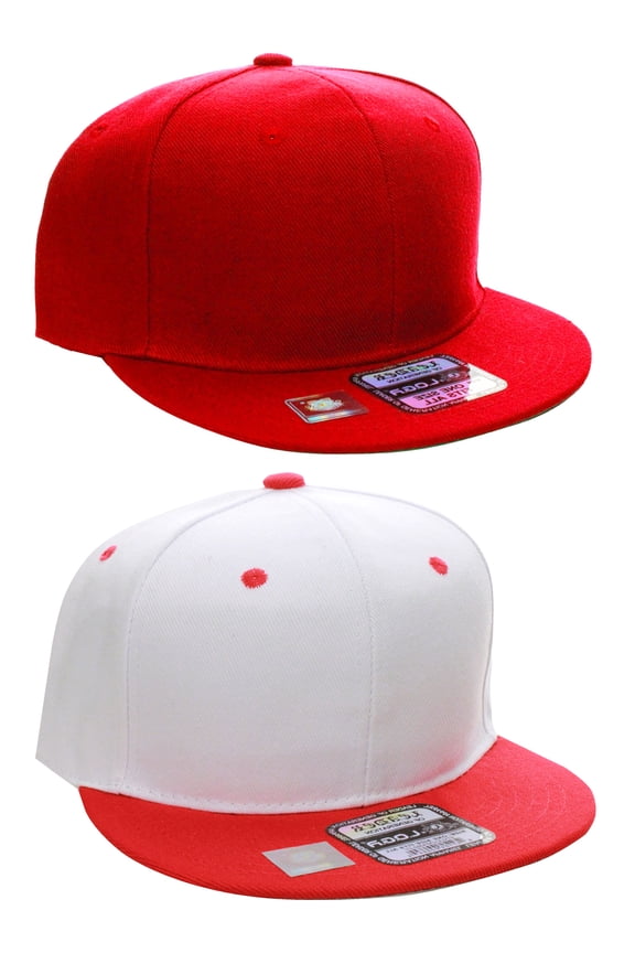 D&I Plain Flat Bill Visor Blank Snapback Hat Cap with Adjustable Snaps - 2 Pk - Red, Wh/Red