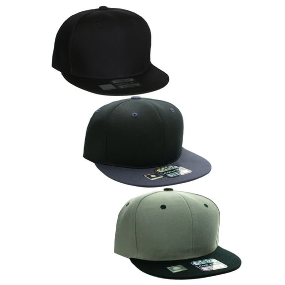 D&I Plain Flat Bill Visor Blank Snapback Hat Cap with Adjustable Snaps - 3 Pk - Bk/Ch, Gy/Bk, Bk