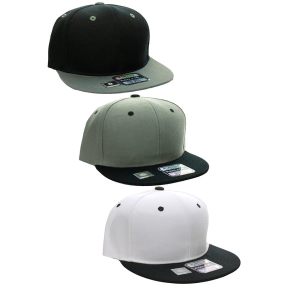 D&I Plain Flat Bill Visor Blank Snapback Hat Cap with Adjustable Snaps - 3 Pk - Bk/Gy, Gy/Bk, Wh/Bk