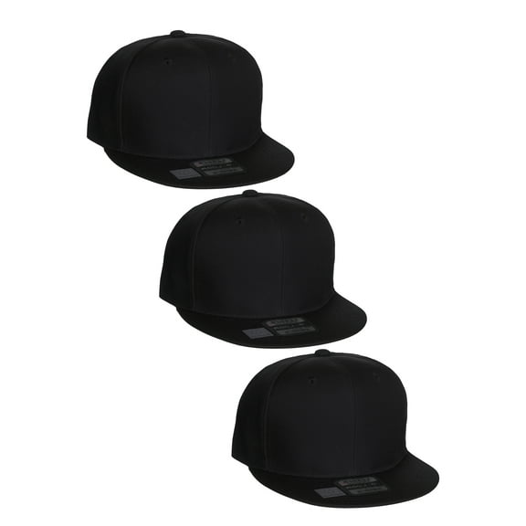 D&I Plain Flat Bill Visor Blank Snapback Hat Cap with Adjustable Snaps - 3 Pk - Black, Black, Black