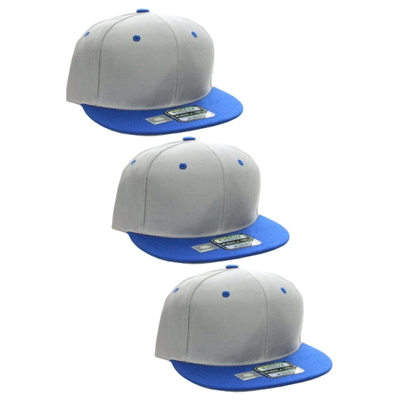 D&I Plain Flat Bill Visor Blank Snapback Hat Cap with Adjustable Snaps - 3 Pk - Gy/Ry, Gy/Ry, Gy/Ry