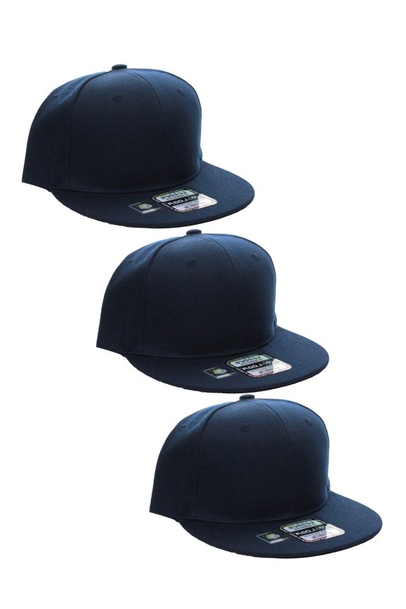 D&I Plain Flat Bill Visor Blank Snapback Hat Cap with Adjustable Snaps - 3 Pk - Navy, Navy, Navy