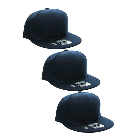 D&I Plain Flat Bill Visor Blank Snapback Hat Cap with Adjustable Snaps - 3 Pk - Navy, Navy, Navy