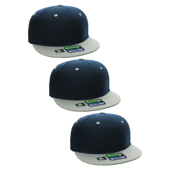 D&I Plain Flat Bill Visor Blank Snapback Hat Cap with Adjustable Snaps - 3 Pk - Nv/Gy, Nv/Gy, Nv/Gy