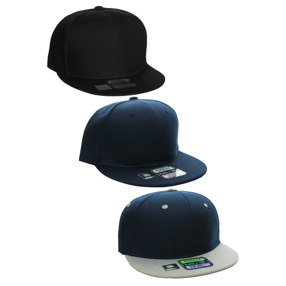 D&I Plain Flat Bill Visor Blank Snapback Hat Cap with Adjustable Snaps - 3 Pk - Nv, Nv/Gy, Bk