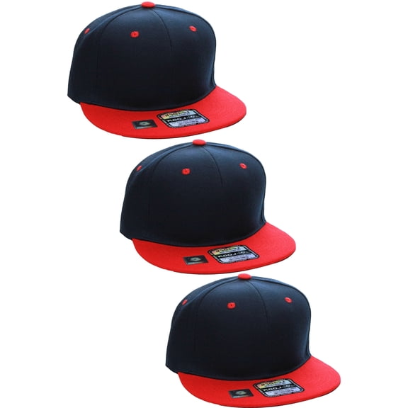 D&I Plain Flat Bill Visor Blank Snapback Hat Cap with Adjustable Snaps - 3 Pk - Nv/Red, Nv/Red, Nv/Red