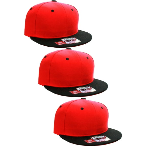 D&I Plain Flat Bill Visor Blank Snapback Hat Cap with Adjustable Snaps - 3 Pk - Red/Bk, Red/Bk, Red/Bk