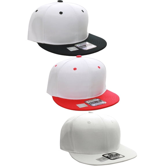 D&I Plain Flat Bill Visor Blank Snapback Hat Cap with Adjustable Snaps - 3 Pk - Wh/Bk, Wh/Red, Wh