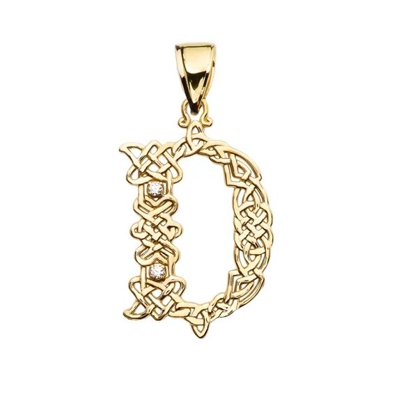 D" INITIAL IN CELTIC KNOT PATTERN YELLOW GOLD PENDANT NECKLACE WITH DIAMOND