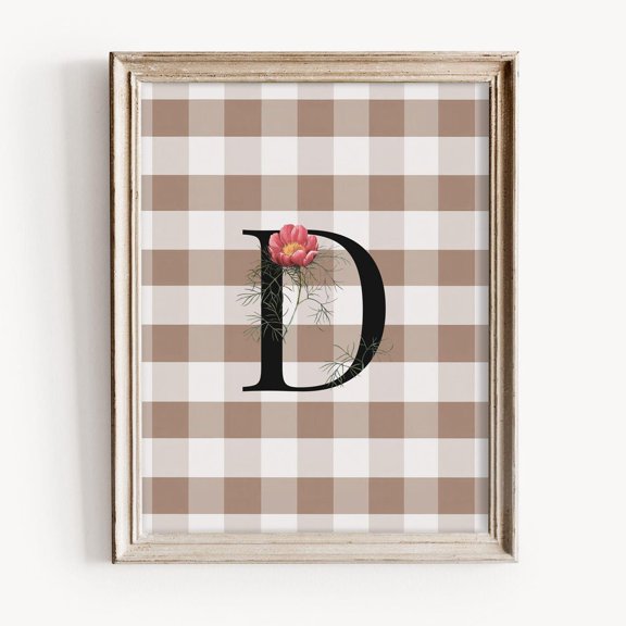 D Initial Pink Flower Monogram Poster, Vintage Farmhouse Nursery Wall Art