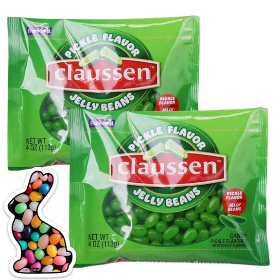 D   Jelly Bean Filled Bunny Sticker bundled with Claussen Pickle Flavored Jelly Beans - Two 4-oz packages
