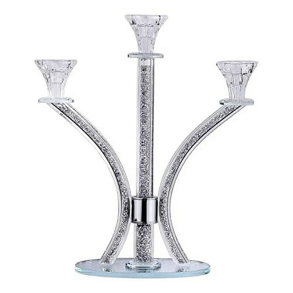 (D) Judaica Crystal Candelabra with Stones 3 Arms 14.17" (Silver)