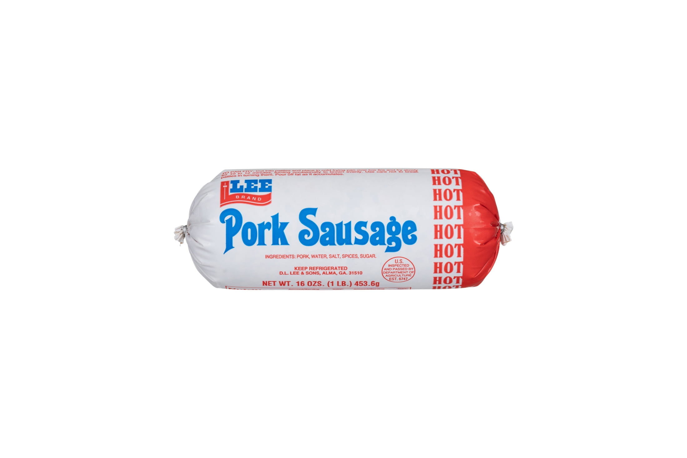D.L. Lee & Sons Hot Pork Sausage, 16 oz - Fresh, Spicy, Ready-to-Cook in Plastic Tube Packaging