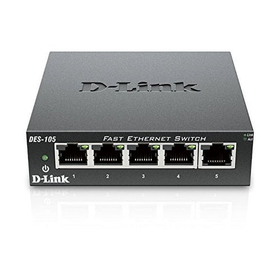 D-Link Fast Ethernet Switch, 5 Port Unmanaged 10/100 Metal Fanless Desktop or Wall Mount Design (DES-105)