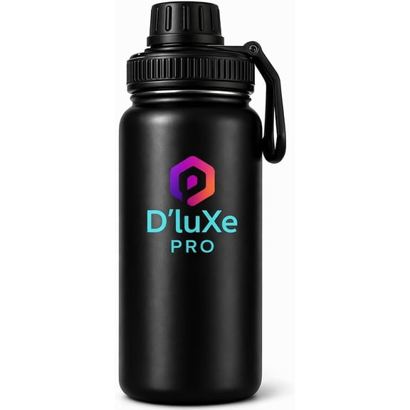 DLuXe PRO 32 oz Insulated Water Bottle Stainless Steel Vacuum Flask Wide Mouth with Handle Keeps Cold & Hot Black