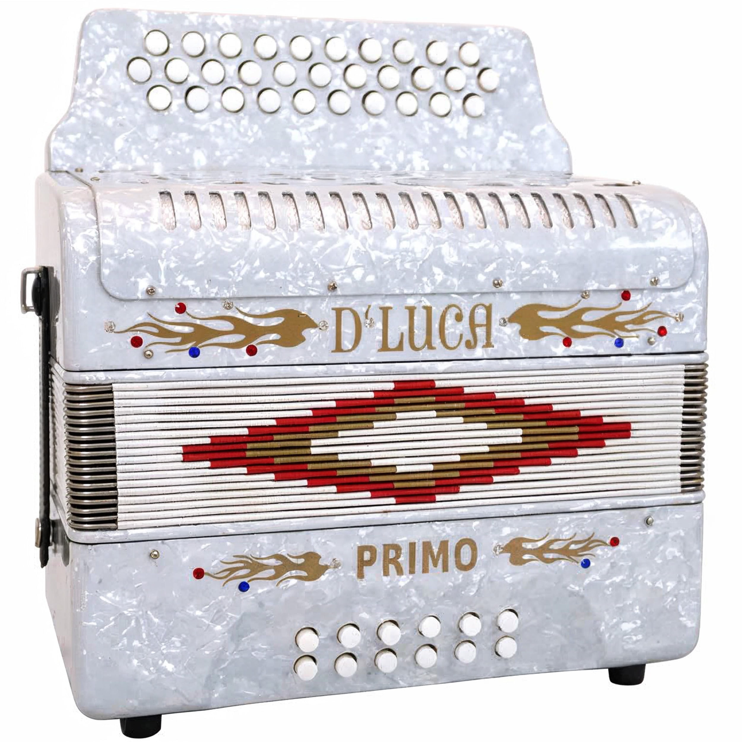 D'Luca Primo Button Accordion 31 Keys 12 Bass on FBE Key with Case and Straps, White