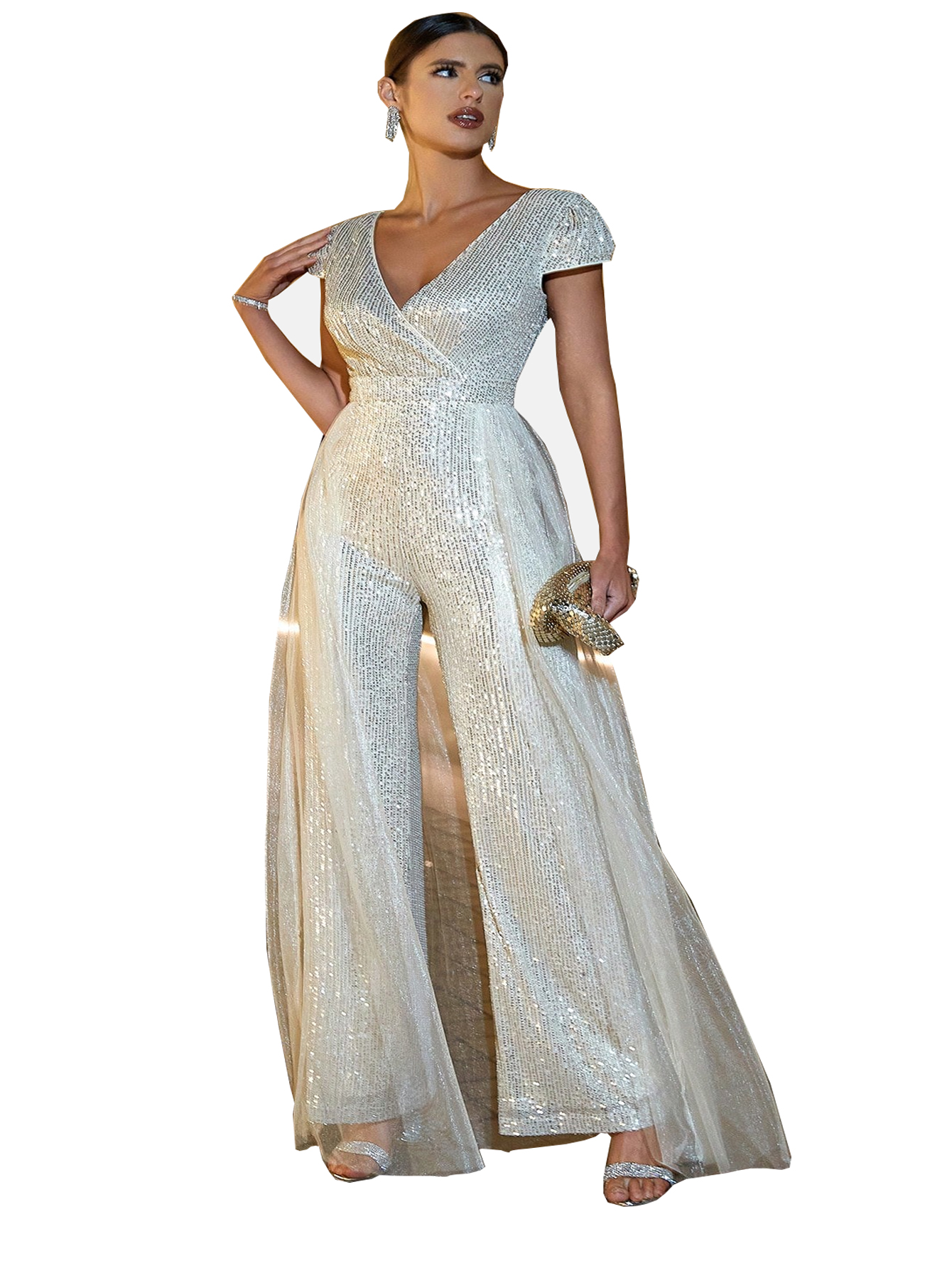 Opulent Sequin Wide-Leg Jumpsuit with Elegant Round Neckline
