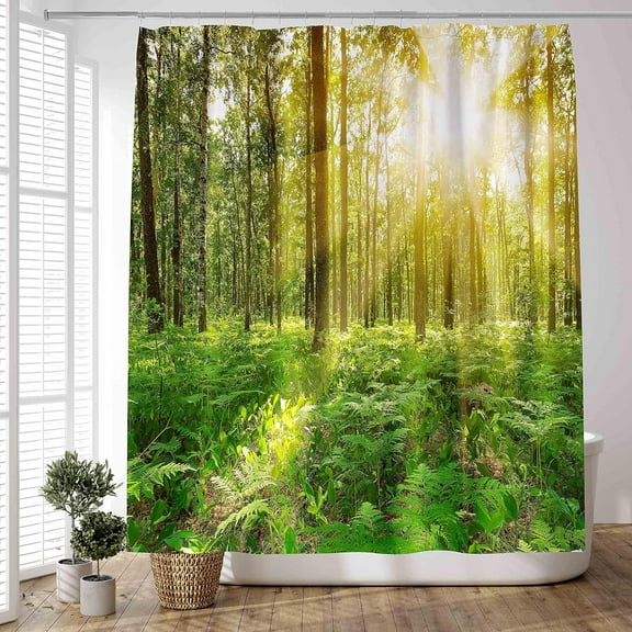 D&M Trees Shower Curtain Nature Sunshine Forest Bath Curtain Spring Sunlight Green leaves For Bathroom Bathtub Home Decor Landscape 3d Scenery Polyester Waterproof 72"x72" with 12 Plastic Shower Hooks