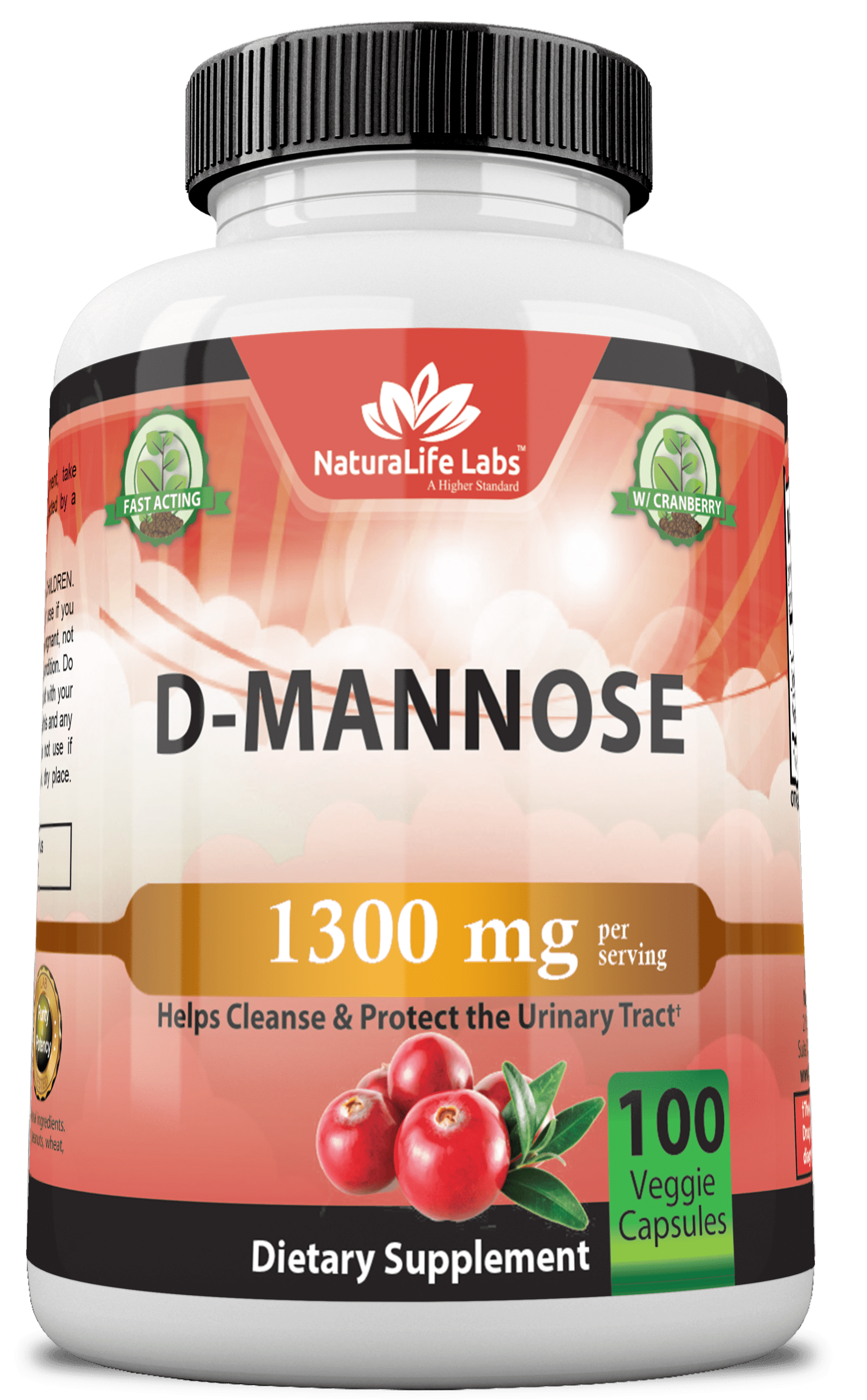 D-Mannose 1,300 mg with Cranberry Extract Fast-Acting, Flush Impurities, Urinary Tract Health- 100 Veggie Capsules