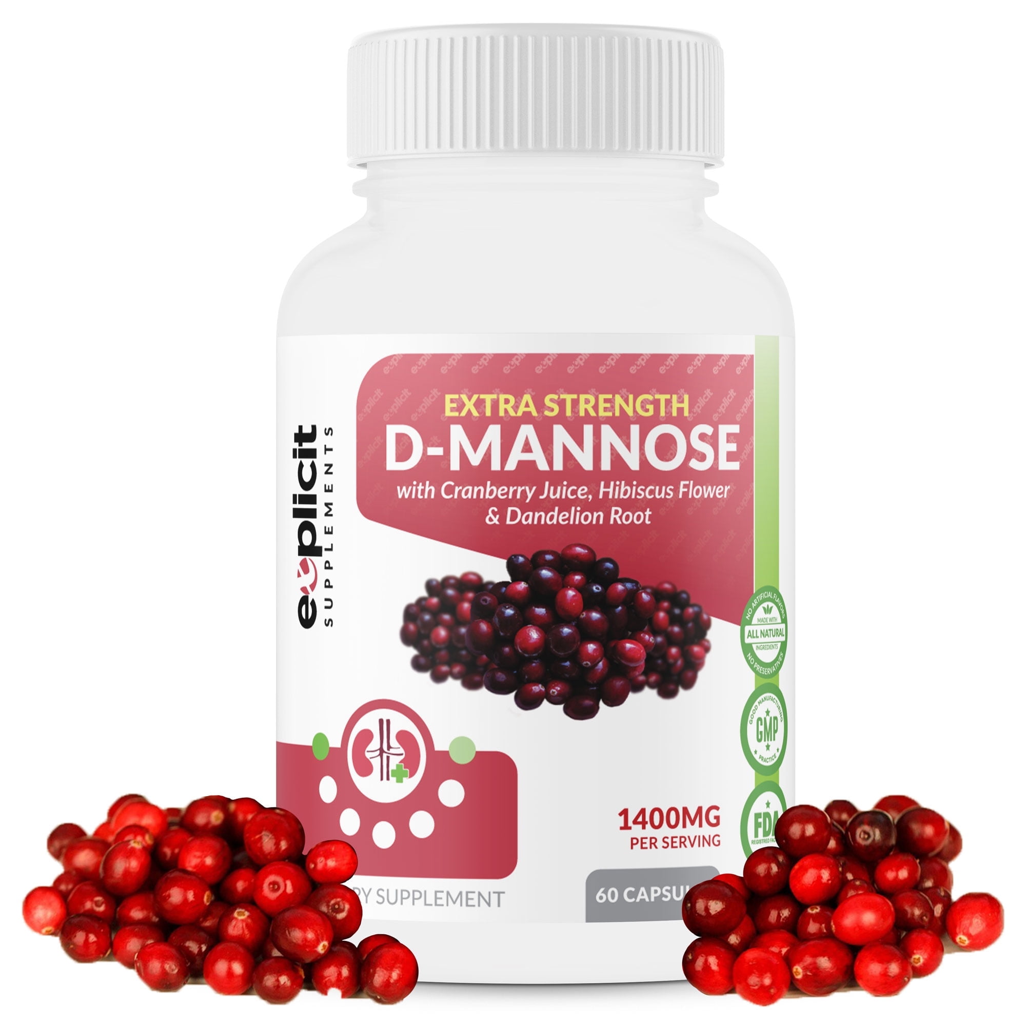 D-Mannose Capsules - Urinary Tract Cleanse & UTI Support - Fast Acting Digestive Cleanser - 1000mg Per Serving - eXplicit Supplements - 60 Capsules