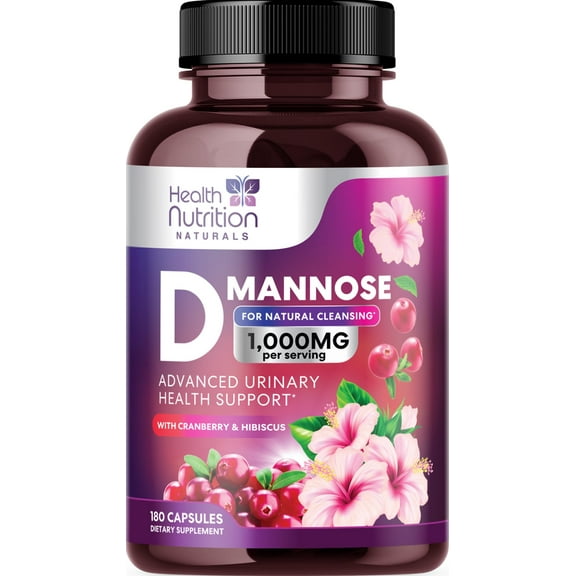 D-Mannose Supplement 1,000mg - with Cranberry, Hibiscus & Dandelion - Fast-Acting, Natural Urinary Tract & Bladder Support for Women & Men Flush & Cleanse Impurities Non-GMO, Vegan 180 Capsules