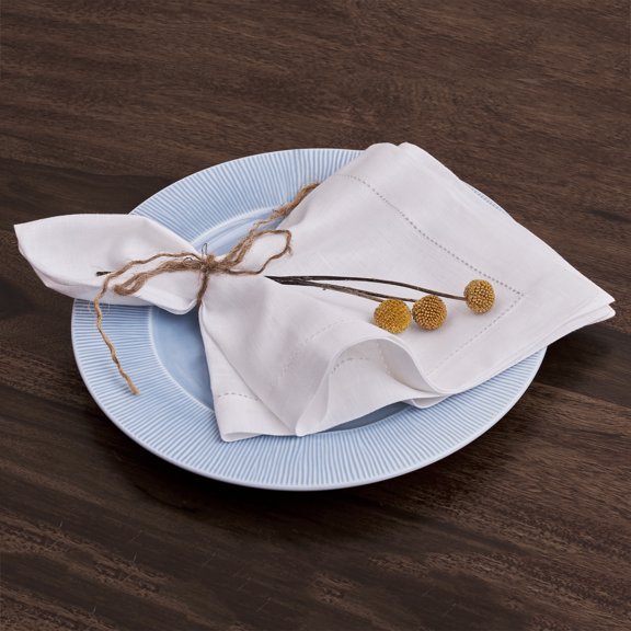 DMoksha Homes 100% Pure Linen Hemstitch 20 x 20 inch, White Set of 4 Dinner Napkins for Christmas- Natural Fabric European Flax, Cloth Napkin, Handmade with Mitered Corners, Great Gift Choice