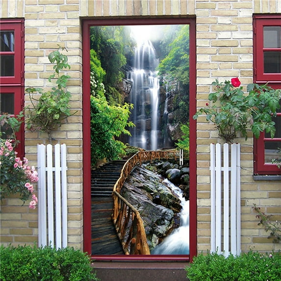 D Mountain Stream Waterfall Door Sticker Home Design Wallpaper Adhesive Vinyl Door Poster Furniture