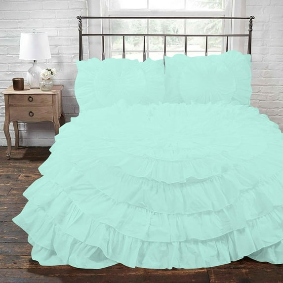 D.N.G. BEDDINGS 1 Piece 100% Egyptian Cotton Circle Ruffle Comforter, 550 GSM Filled Microfiber - Full/Queen Size, Aqua Blue Color - 800 Thread Count