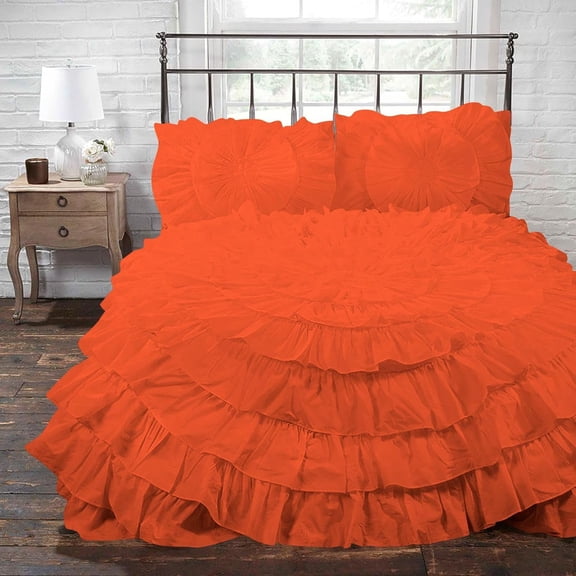D.N.G. BEDDINGS 1 Piece 100% Egyptian Cotton Circle Ruffle Comforter, 550 GSM Filled Microfiber - Full/Queen Size, Orange Color - 800 Thread Count