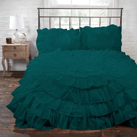 D.N.G. BEDDINGS 1 Piece 100% Egyptian Cotton Circle Ruffle Comforter, 550 GSM Filled Microfiber - Full/Queen Size, Teal Color - 800 Thread Count