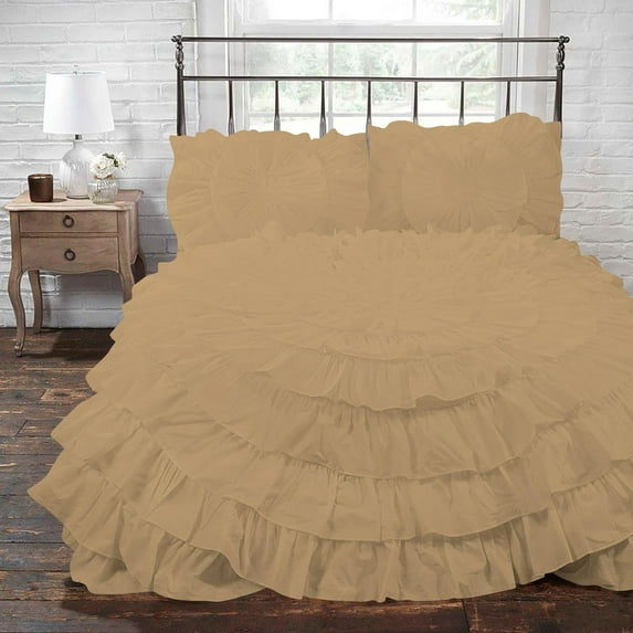 D.N.G. BEDDINGS 1 Piece 100% Egyptian Cotton Circle Ruffle Comforter, 550 GSM Filled Microfiber - Oversized Super King Size, Taupe Color - 800 Thread Count